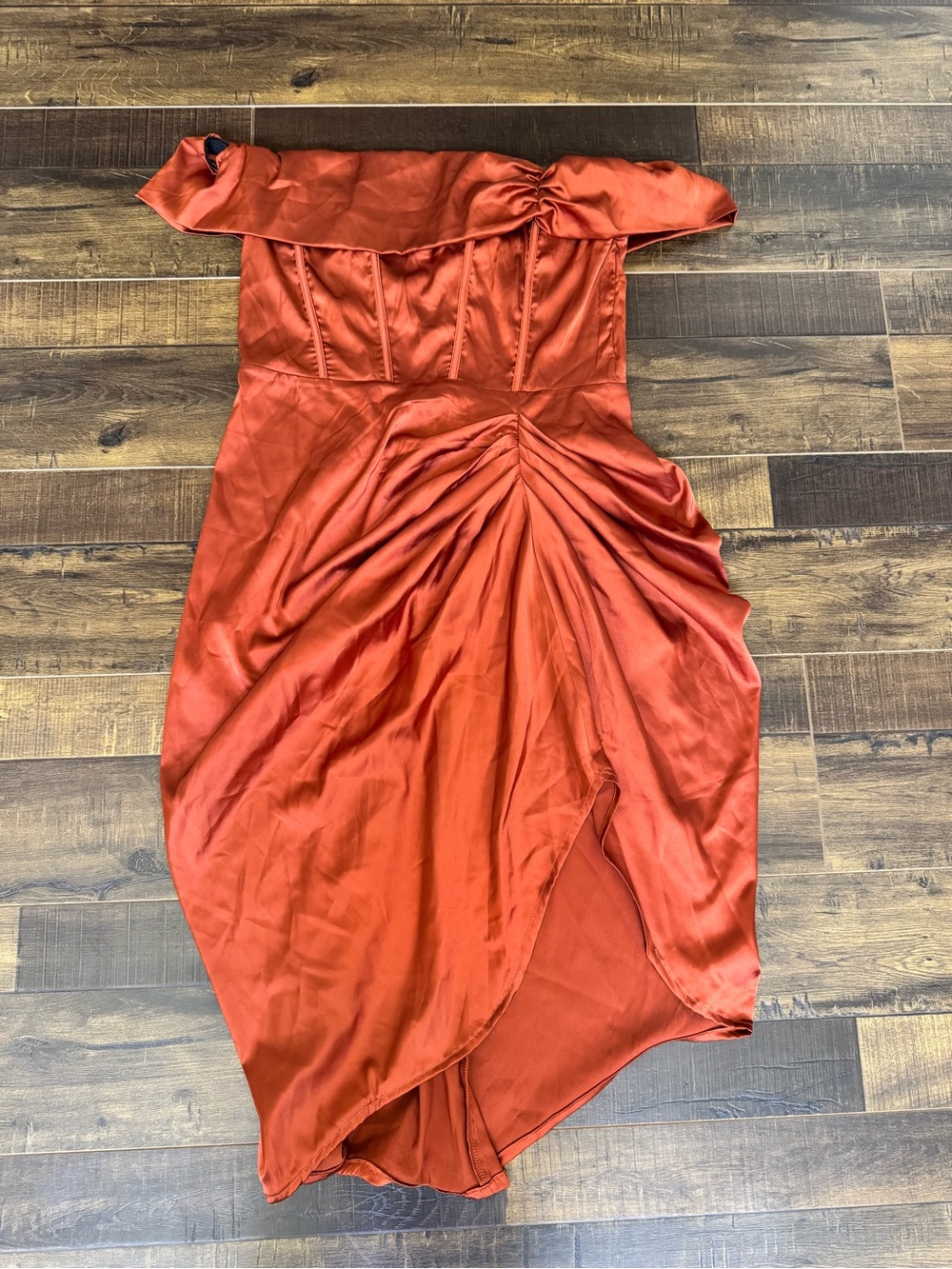 Strapless Rust Orange Draped Cocktail Dress